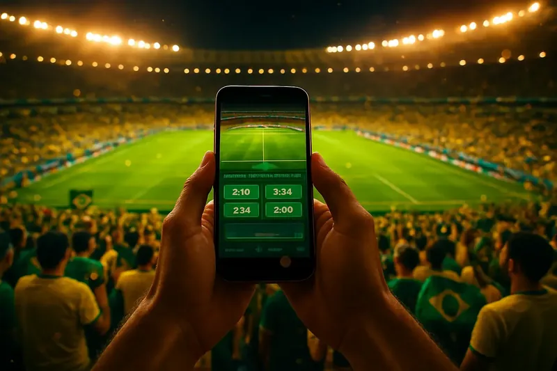 Conceito de apostas esportivas no Maracanã lotado com torcedores e celular mostrando odds ao vivo