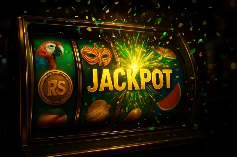 Caça-Níqueis Brasileiro Vibrante Cena realista de caça-níqueis brasileiro com símbolos tropicais e jackpot explodindo