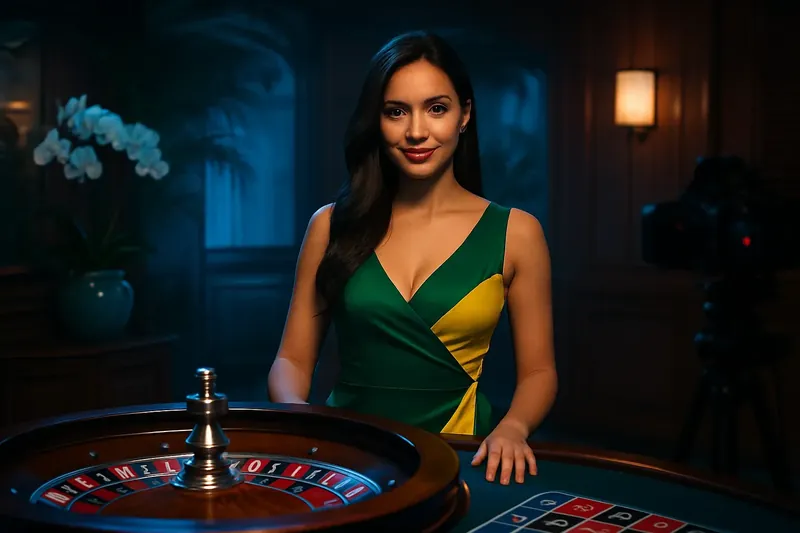 Cassino Ao Vivo Roleta Dealer brasileira profissional em mesa de roleta em estúdio de cassino ao vivo luxuoso