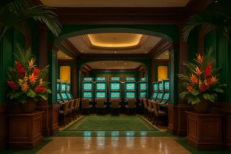 Cassino Brasileiro Luxuoso Lobby de cassino brasileiro elegante com decoração tropical e telas de jogos brilhantes