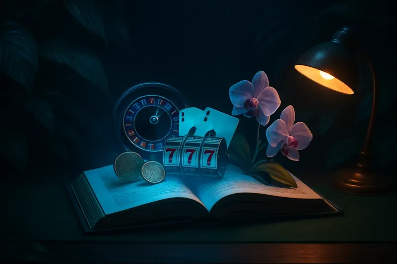 Guia Cassino Brasileiro Livro aberto brilhante com roleta, slots, cartas de blackjack, moedas de real e orquídeas tropicais sobre mesa de madeira escura