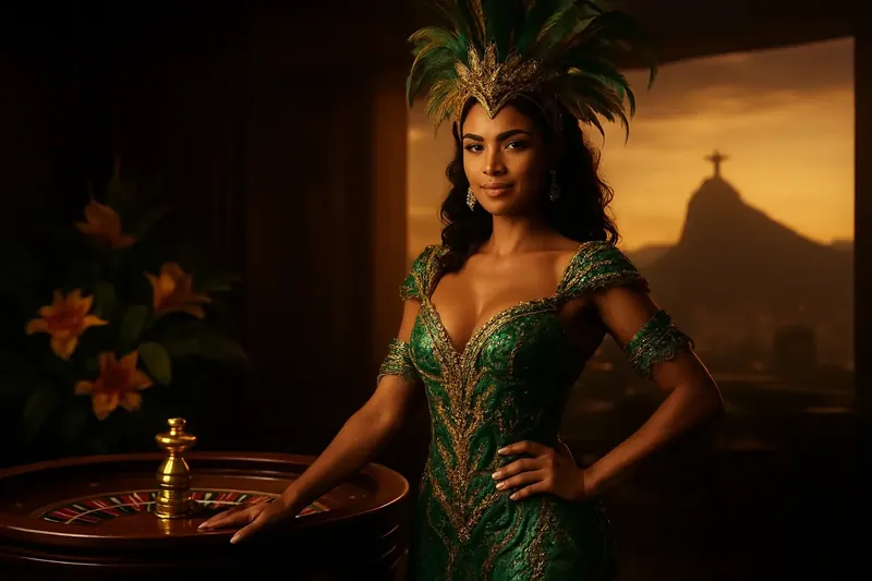 Cassino Online Premium Mulher brasileira confiante em vestido elegante perto de roleta em cassino de luxo