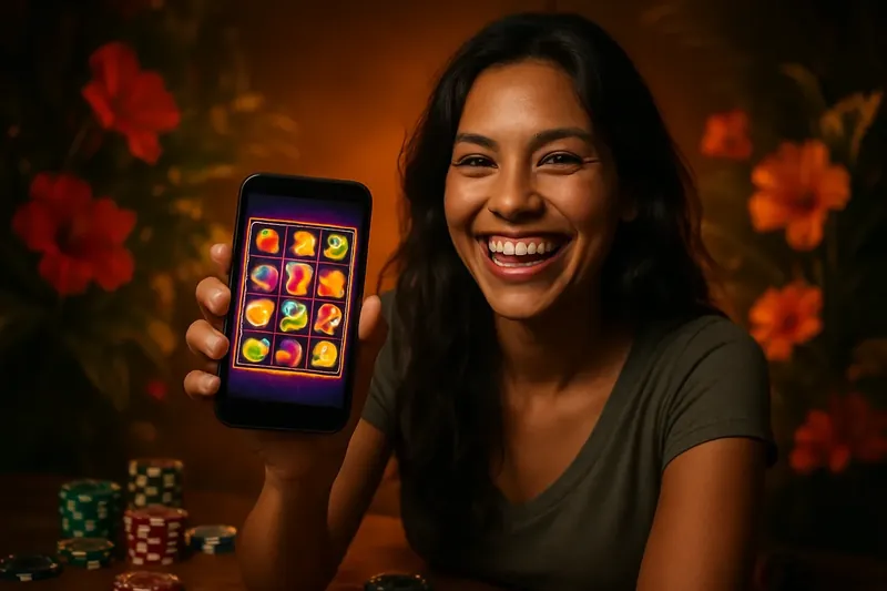 Jogador de Cassino Online Jogador brasileiro de cassino segurando smartphone com slot colorido e fundo dourado tropical