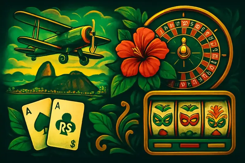 Jogos de Cassino Brasileiros Colagem de jogos de cassino brasileiros com aviador, roleta, cartas e slots coloridos